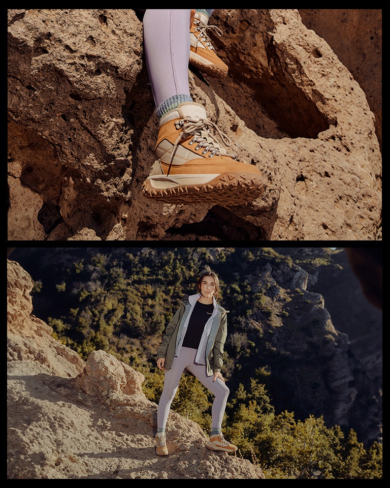 Image collage of the same women's wheat and tan hiking boot in two ways. One image shows the boot in closeup against a brown rockface, showing off the rugged lug outsole and silver hardware. Second image shows the same woman wearing the boot, standing on the rock with evergreens in the background, wearing lilac tights, a black Timberland t-shirt and a green Timberland jacket.
